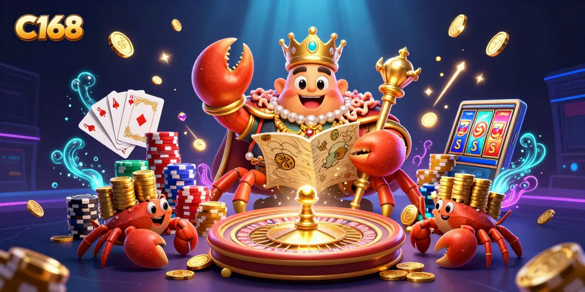 C168 casino illustration showcasing a golden crab emperor amidst sparkling gems and casino elements
