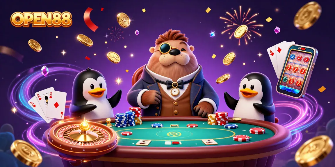 Experience the thrill of online gaming with OPEN88 at an underwater poker table featuring a jolly walrus, penguin dealer, and a bluffing pufferfish.