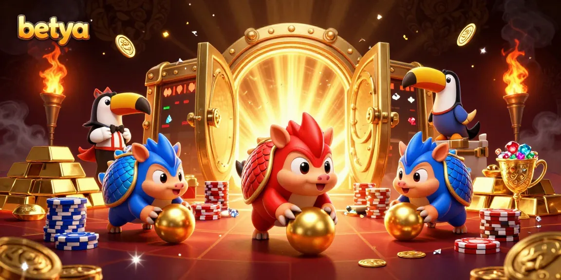 Betya's vibrant 3D pangolin casino scene showing dynamic gaming action with golden treasures.