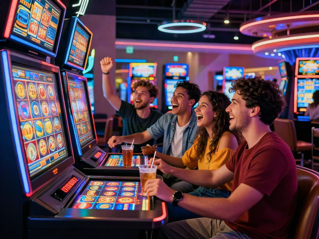 Exciting casino scene featuring friends enjoying ทดลองสล็อต at a modern slot machine with colorful lights.