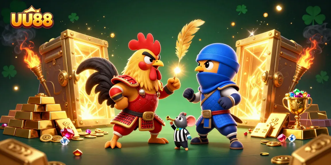 Engage in thrilling action with UU88 as fighting roosters clash amidst gold treasures in a vibrant casino scene.