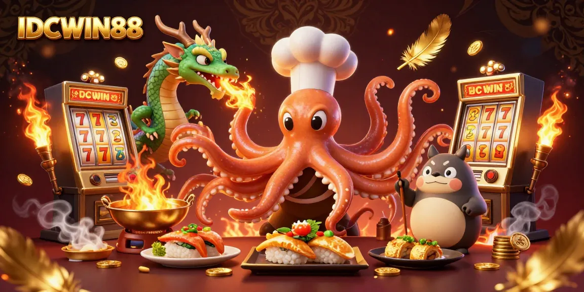 Experience thrilling gameplay with IDCWIN88's vibrant slot action featuring golden dishes and animated characters.