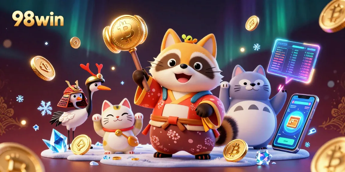 Win big with 98win's exciting gaming features in this vibrant digital casino illustration