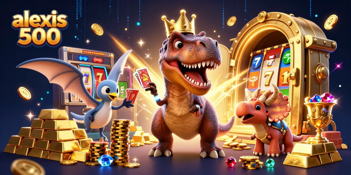Players embrace winning strategies at alexis 500 with T-Rex and colorful casino elements in an exciting atmosphere.