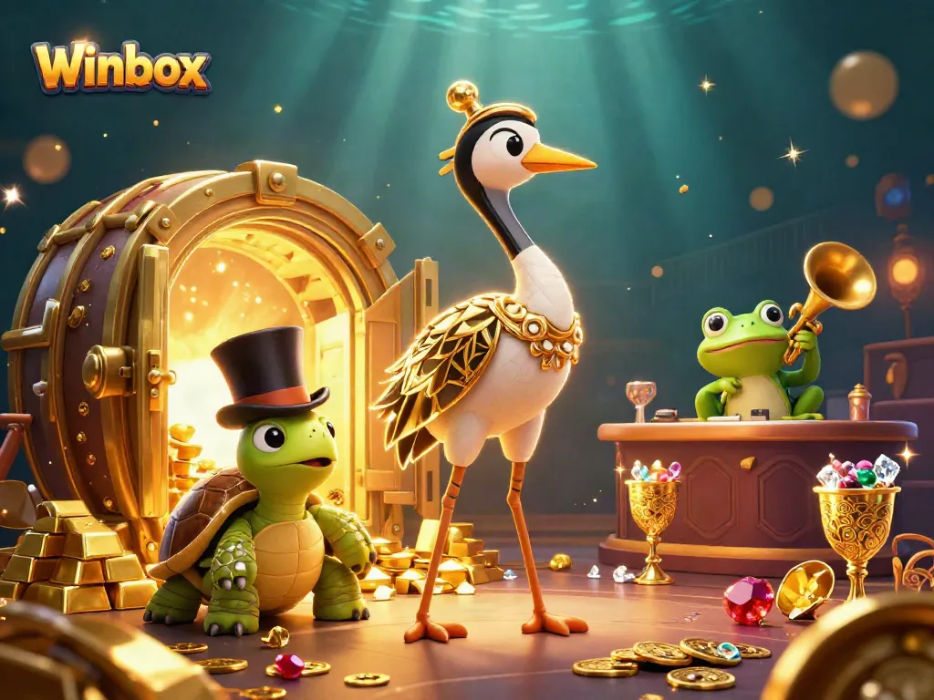 Experience Winbox gaming excitement with casino characters amidst treasure in a vibrant 3D scene.