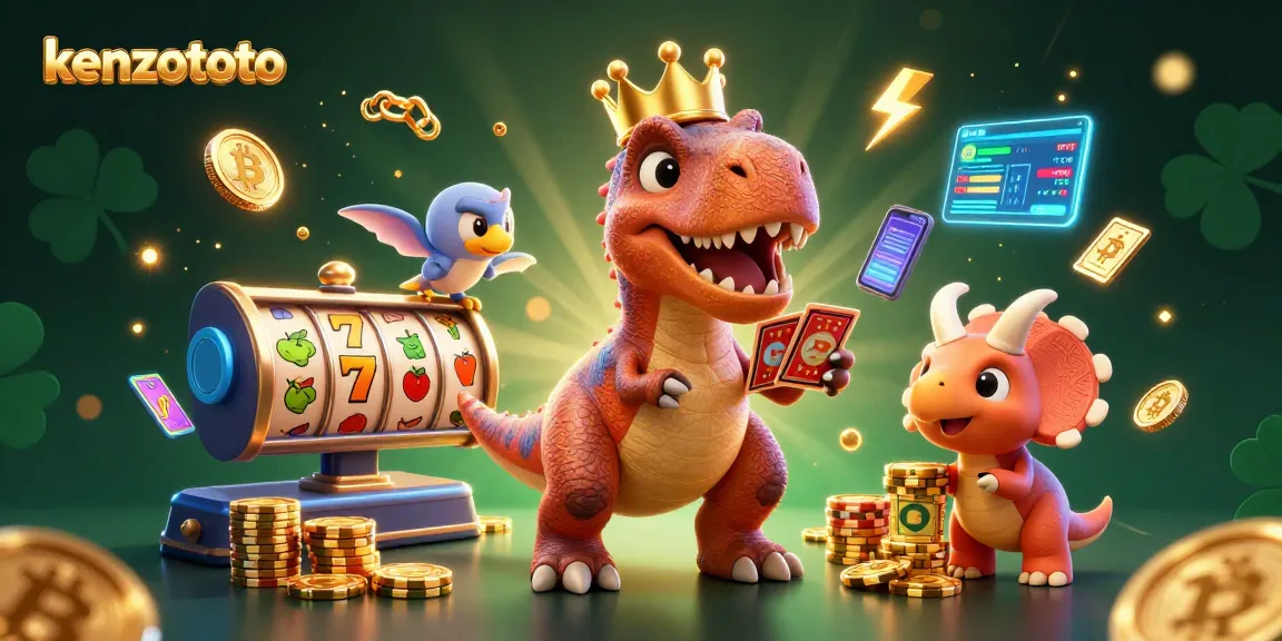 Kenzototo features a lively scene with a cartoon T-Rex shuffling slot cards, enhancing your online gaming experience.