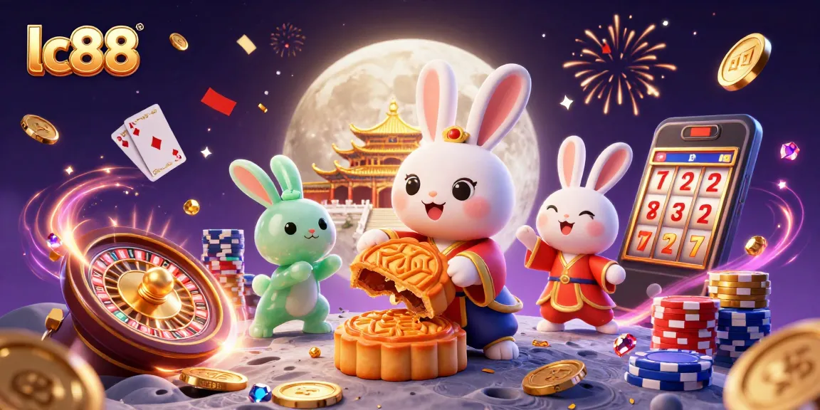 Experience the thrill of lc88 with dynamic moon rabbit pounding mooncakes revealing poker chips, surrounded by casino excitement.