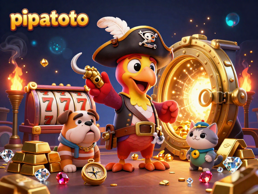 Engage with pipatoto's thrilling gaming scene featuring vibrant characters amid slot reels and treasure.