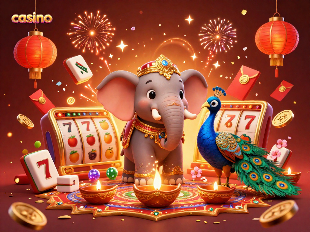 A lively casino scene showcasing a cartoon Diwali-themed elephant and peacock with vibrant decorations amidst dynamic slot reels and festive elements.