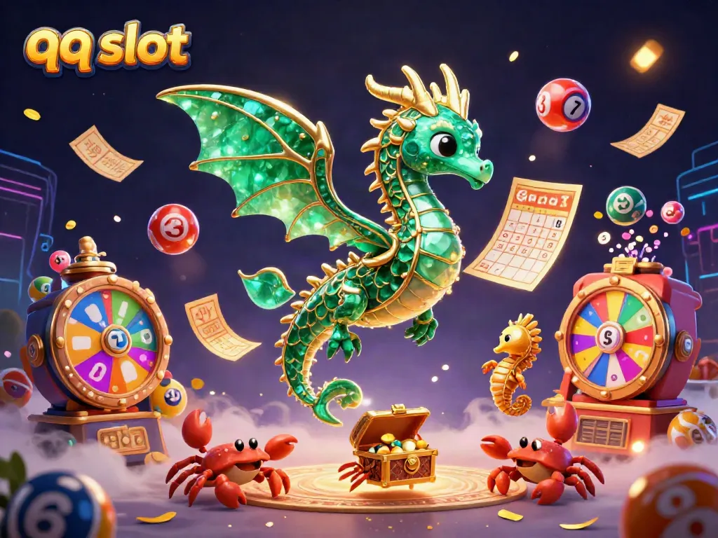 Experience exciting qq slot games with a fantasy scene featuring a sea dragon and lottery elements.