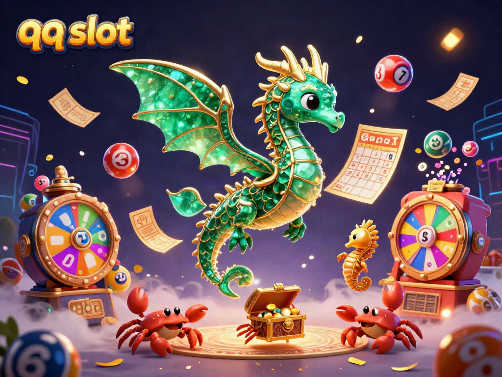 Experience exciting qq slot games with a fantasy scene featuring a sea dragon and lottery elements.