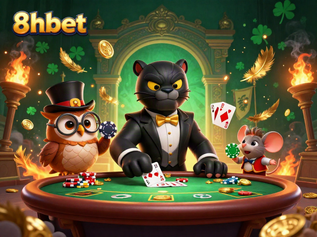 Join the fun at 8xbet with an exciting poker game scene featuring a stylish panther dealer, owl, and lucky mouse.
