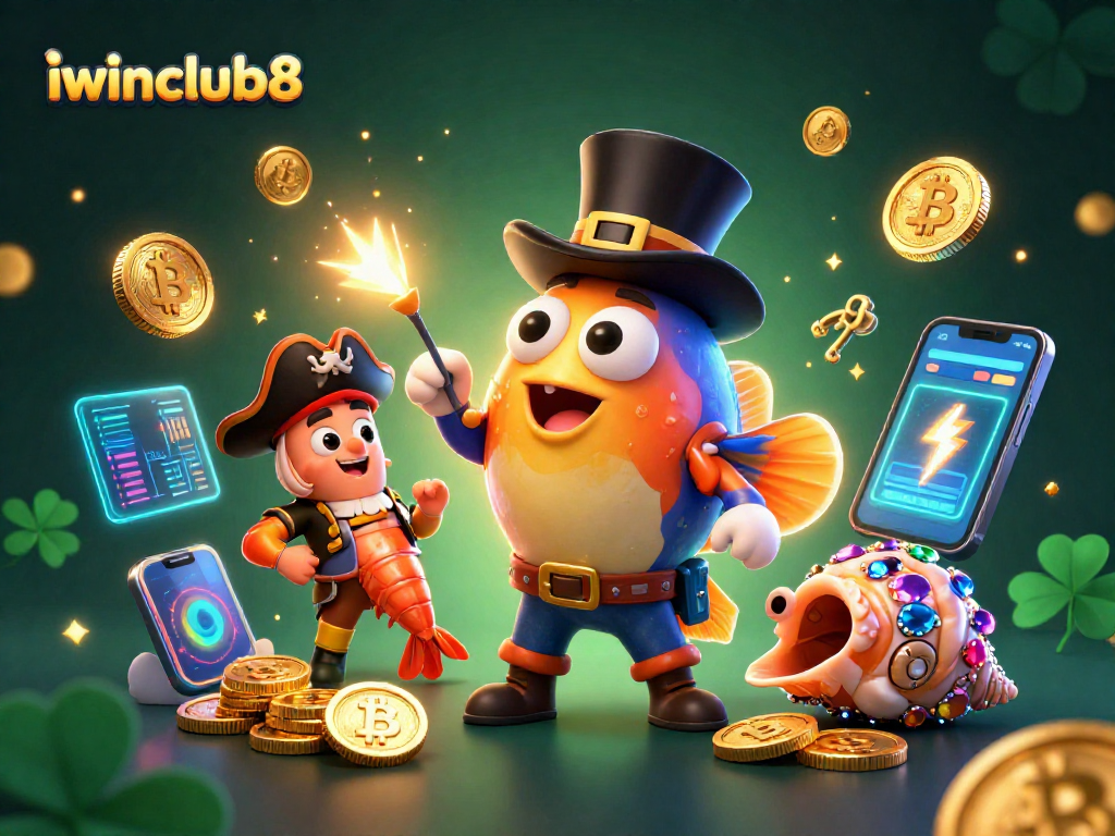 Experience excitement with iwinclub8's colorful 3D scene featuring engaging underwater characters and crypto elements.