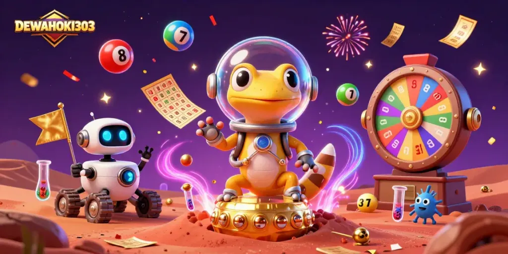 Permainan lotere DEWAHOKI303 dengan gecko Mars skapet dan robot menarik perhatian penonton dalam suasana pesta.