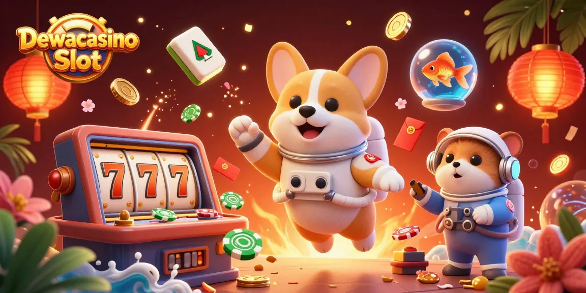 Dewacasino Slot offers vibrant gameplay with cartoon corgi and jackpots in a floating casino.