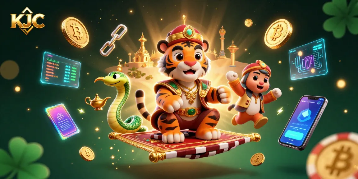Experience KJC's thrilling gaming universe with a vibrant 3D scene of a tiger sultan and crypto elements.
