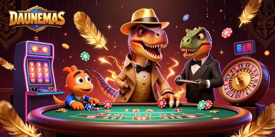 Experience thrilling gameplay with DAUNEMAS as a velociraptor card counter is caught in action surrounded by vibrant casino elements.