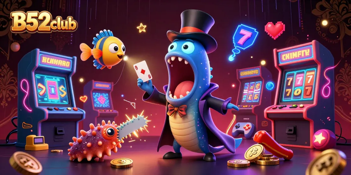 Engage in thrilling gameplay at B52club with cartoon characters showcasing magic tricks amidst vibrant casino elements.