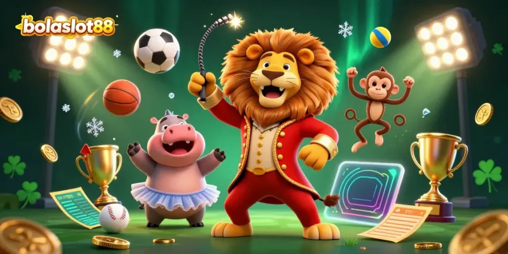 Engage with bolaslot88 in a dynamic circus scene featuring a lion ringmaster, playful hippo, and trapeze monkey.