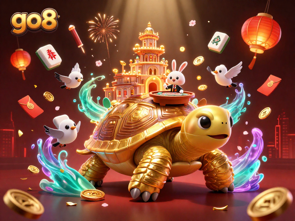 Engage with go8's vibrant casino world featuring a golden tortoise palace and dynamic gaming elements.