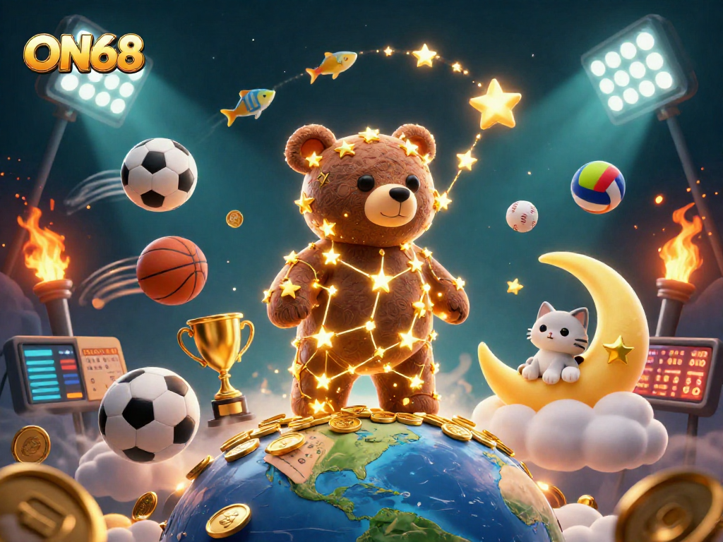 Experience the thrill of ON68 with a vibrant scene featuring a constellation bear and sports betting elements.