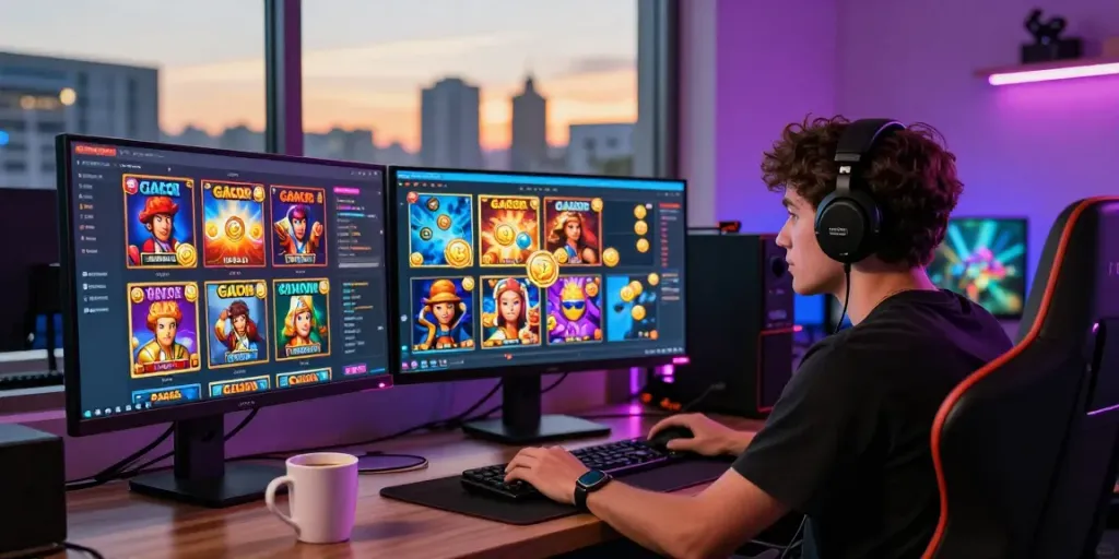 Engaged user exploring slot gacor hari ini in a vibrant gaming setup with colorful interface and city views.