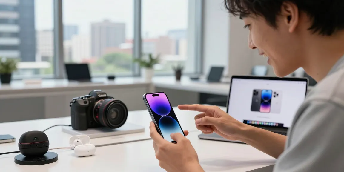 Excited user interacting with the innovative iPhone 17 in a bright tech workspace, showcasing its vibrant display and sleek design.