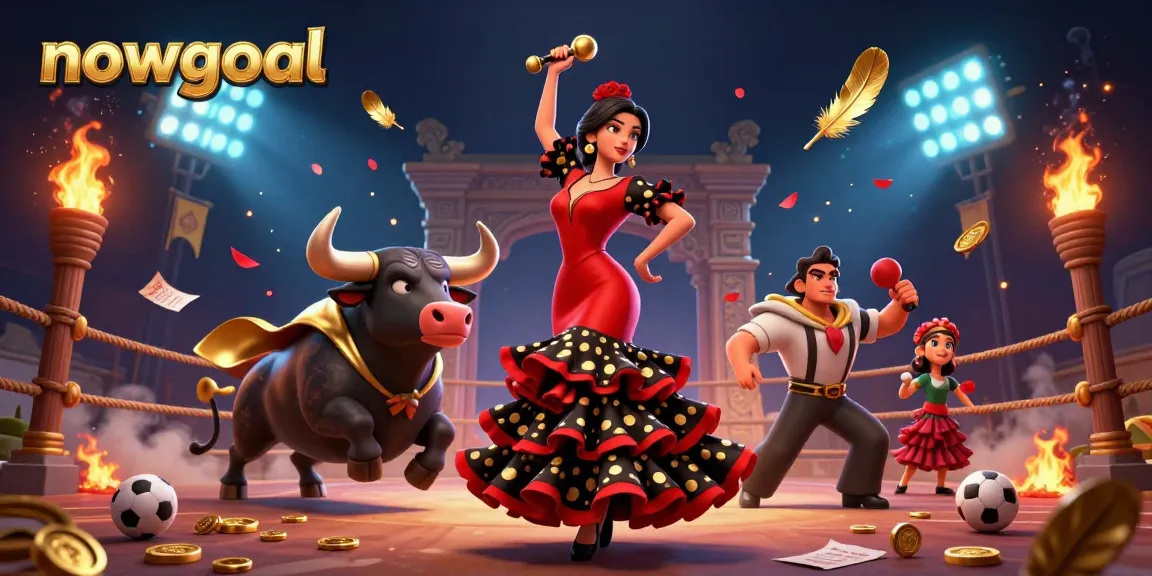 Engage in sports betting action with nowgoal as a stunning flamenco dancer and a golden-bull accompany the scene.