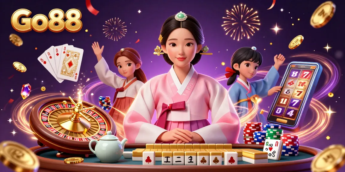 Experience Go88's thrilling casino adventure with a graceful figure among sparkling gems and golden coins.