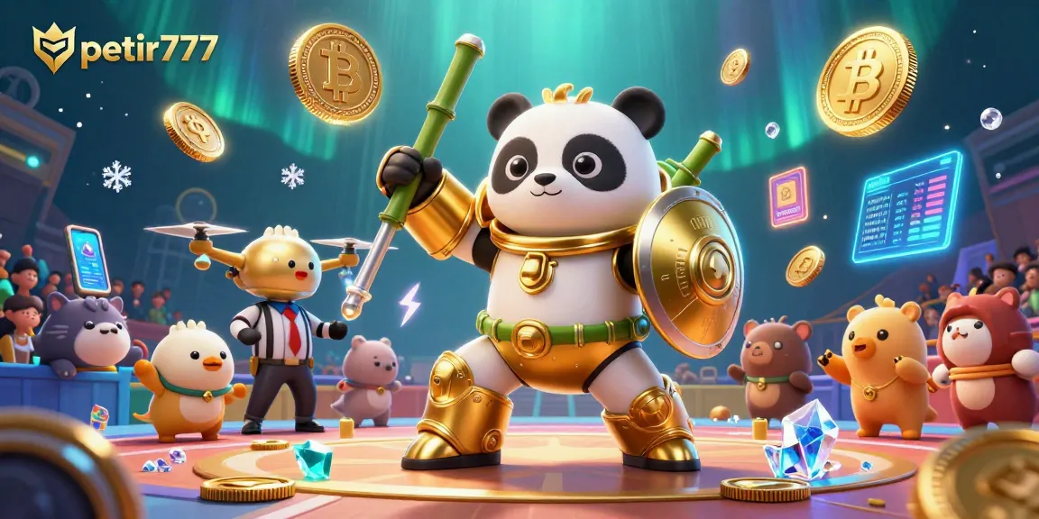 Experience the excitement of petir777 with a dynamic scene of a panda in a mech robot amidst casino elements.
