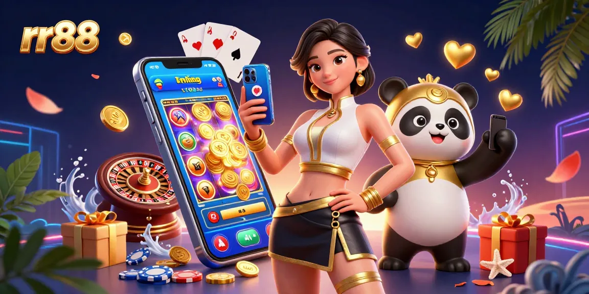 Join the excitement at rr88, featuring a stylish Asian woman celebrating on her smartphone amidst dynamic casino elements.