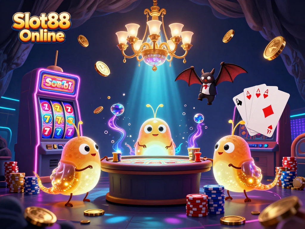 Spin the reels of Slot88 Online in a vibrant casino scene illuminated by glowworms.