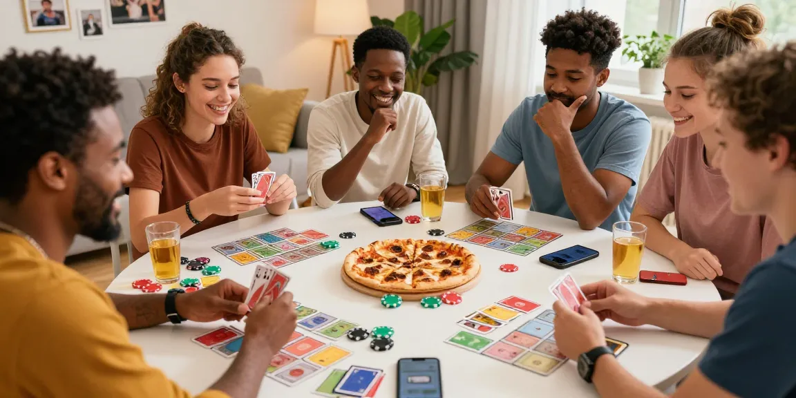 Friends engaging in a lively card game session featuring Card Rummy, complete with colorful game pieces and a cozy setting.