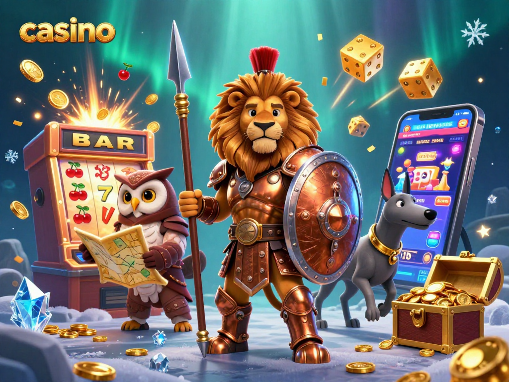 Experience exhilarating casino adventures with a Spartan lion, owl, and greyhound amidst dynamic gaming elements.