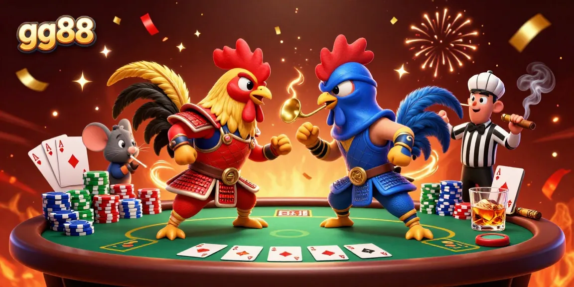 Experience excitement at gg88 with cartoon fighting roosters, poker elements, and vibrant casino atmosphere.