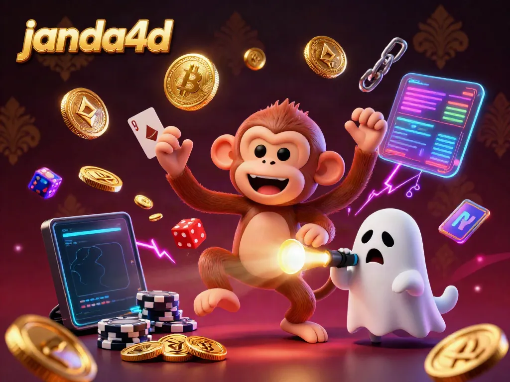 Janda4d menghadirkan gambaran fantastis kasino dengan hantu, koin emas, dan elemen digital.
