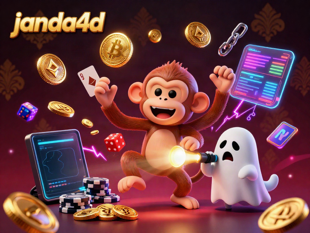 Janda4d menghadirkan gambaran fantastis kasino dengan hantu, koin emas, dan elemen digital.