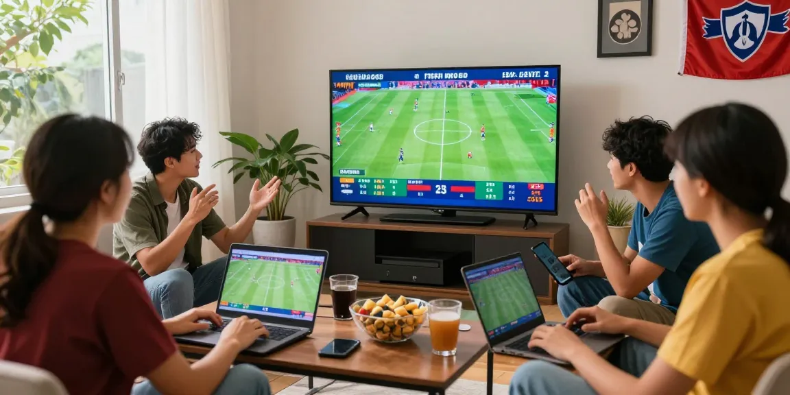 Kèo nhà cái betting excitement captured with friends analyzing live match odds and statistics in a vibrant sports environment.