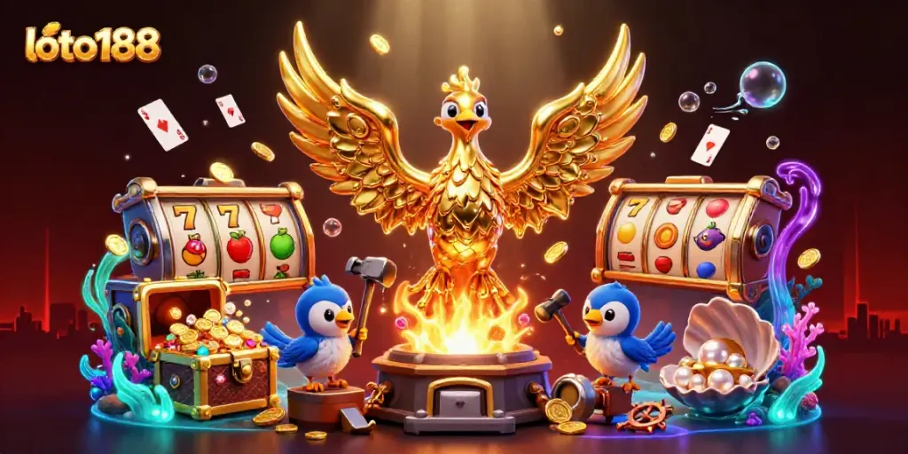 Experience the excitement of loto188 with a golden phoenix and slot game elements in a vibrant casino scene.