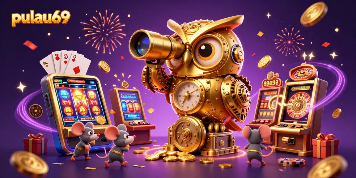 Pulau69 showcases an enchanting casino scene with a golden owl and dynamic gaming elements.