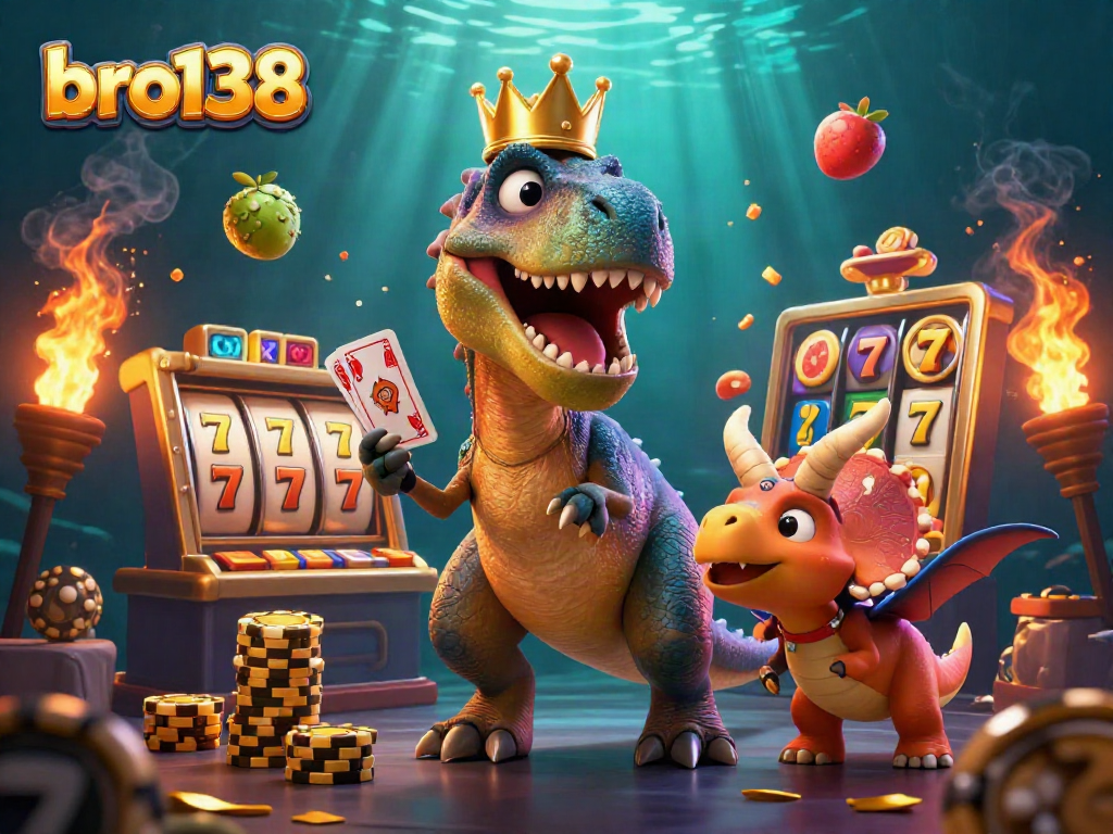 Experience thrilling slots at bro138 with a T-Rex shuffling cards in front of vibrant jackpot symbols.