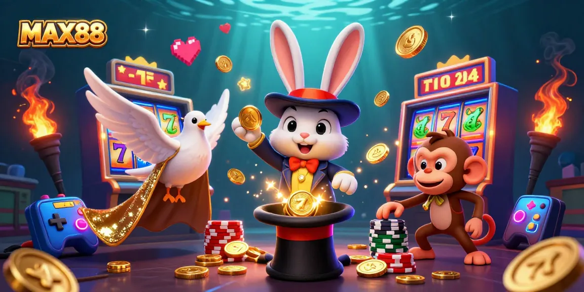 Engage in thrilling gaming adventures with MAX88 featuring a magician rabbit, dove, and monkey in an exciting casino scene.