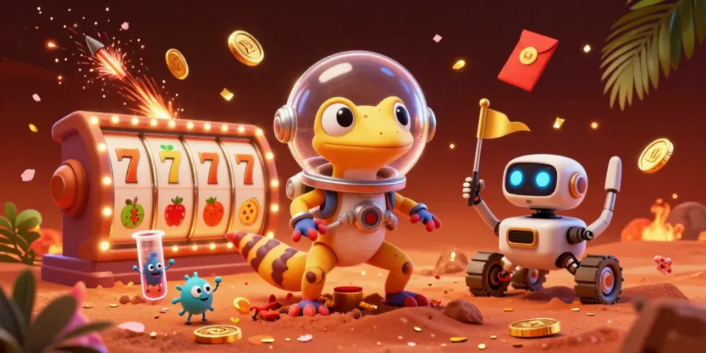 Gaklakan situs 888 dengan Martian gecko dan rover robot di kasino emas Mars.