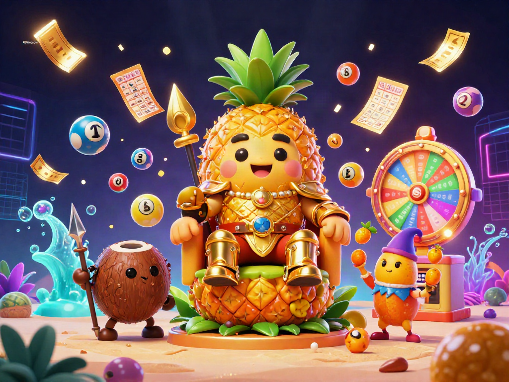 Engage in thrilling action at athenshappytrain with a vibrant 3D illustration featuring a golden pineapple king and dynamic lottery games.