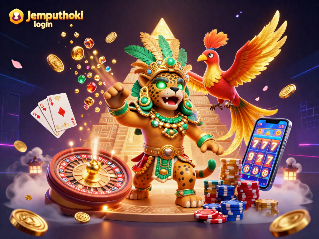 Experience thrilling gaming adventures with Jemputhoki login, featuring a vibrant 3D cartoon casino illustration.