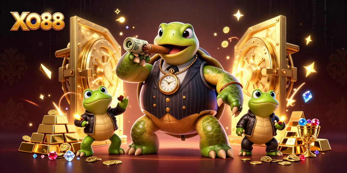 Experience XO88 with a vibrant 3D casino scene featuring a snapping turtle mobster and bullfrog enforcers.
