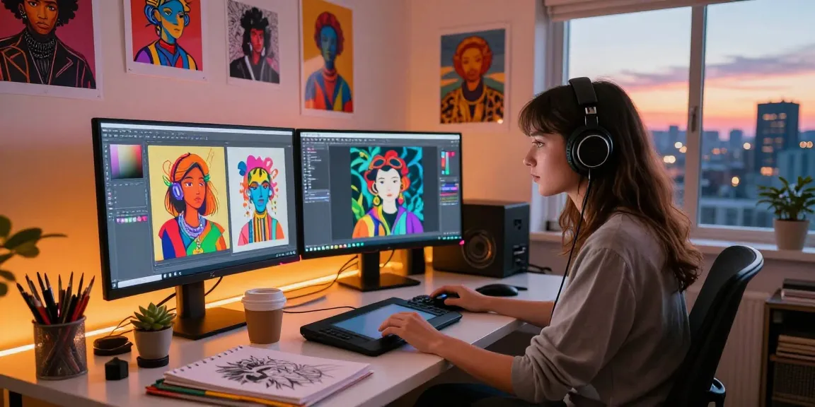 Creative professional generating nsfw ai images in a vibrant digital art studio with multiple screens and artistic props.