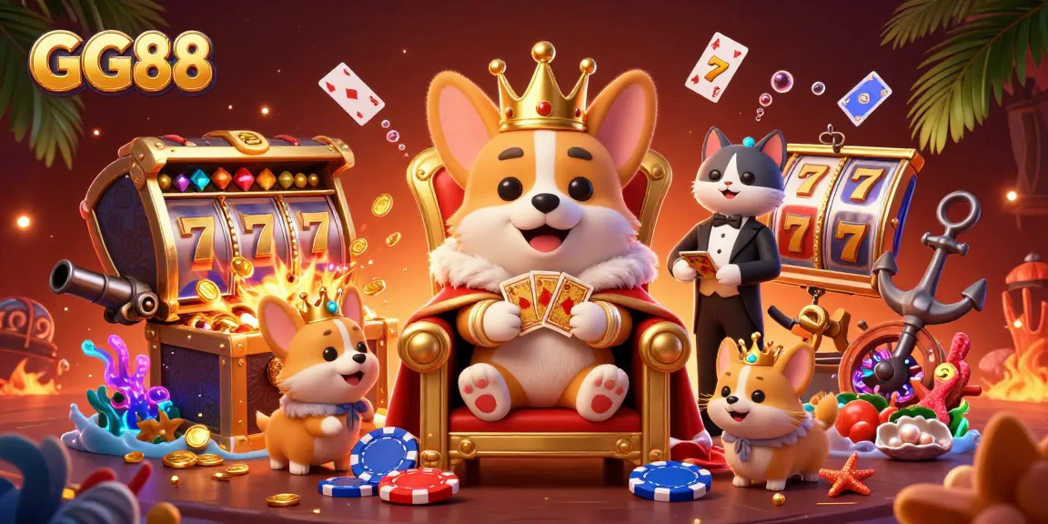 GG88 Casino illustration featuring a royal corgi on a throne with slot machines and poker chips.