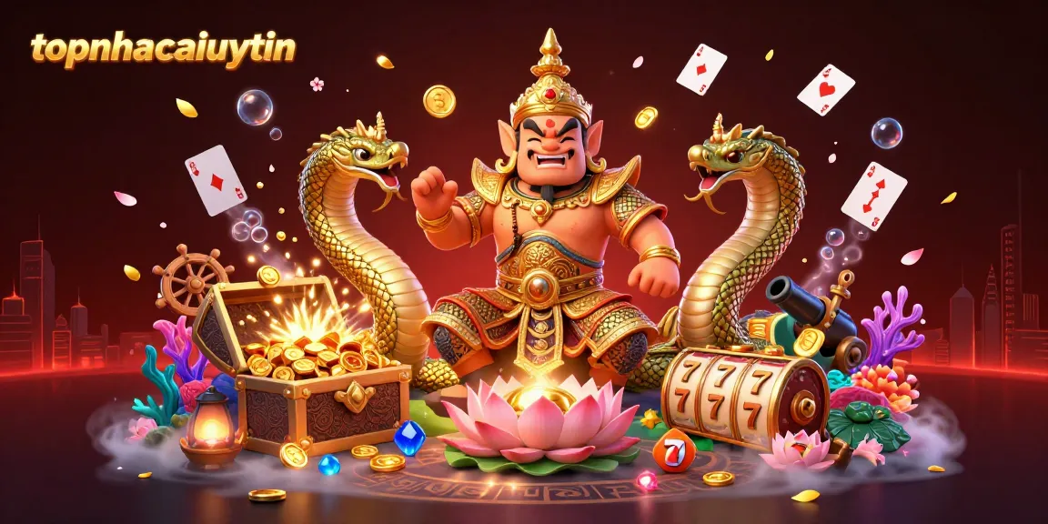 Experience topnhacaiuytin with a dynamic 3D rendering of a Thai temple guardian and casino elements.