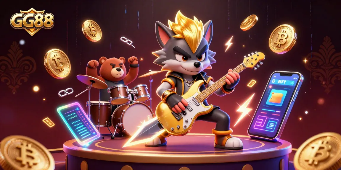 Engage with GG88's thrilling casino experience in an electrifying rock star-themed illustration.